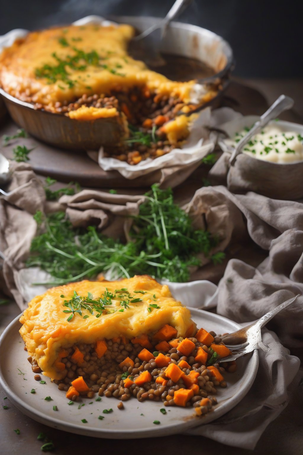 A high-resolution photo of vegetarian lentil shepherd's pie topped with sweet potato mash, steam rising from a fresh slice, under soft lighting.
