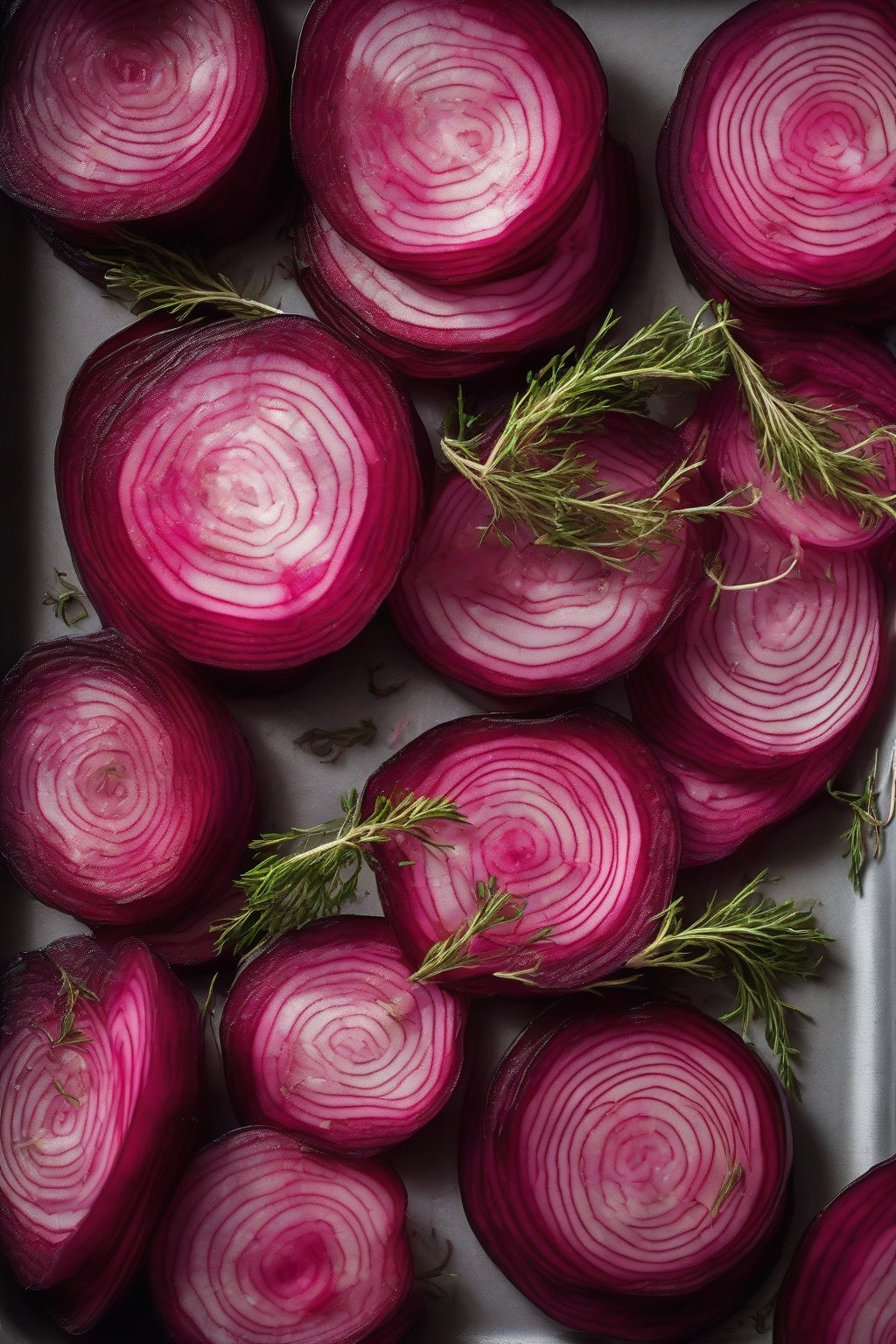A high-resolution photo of striped Chioggia pickled beets with thyme, elegantly layered under soft lighting.