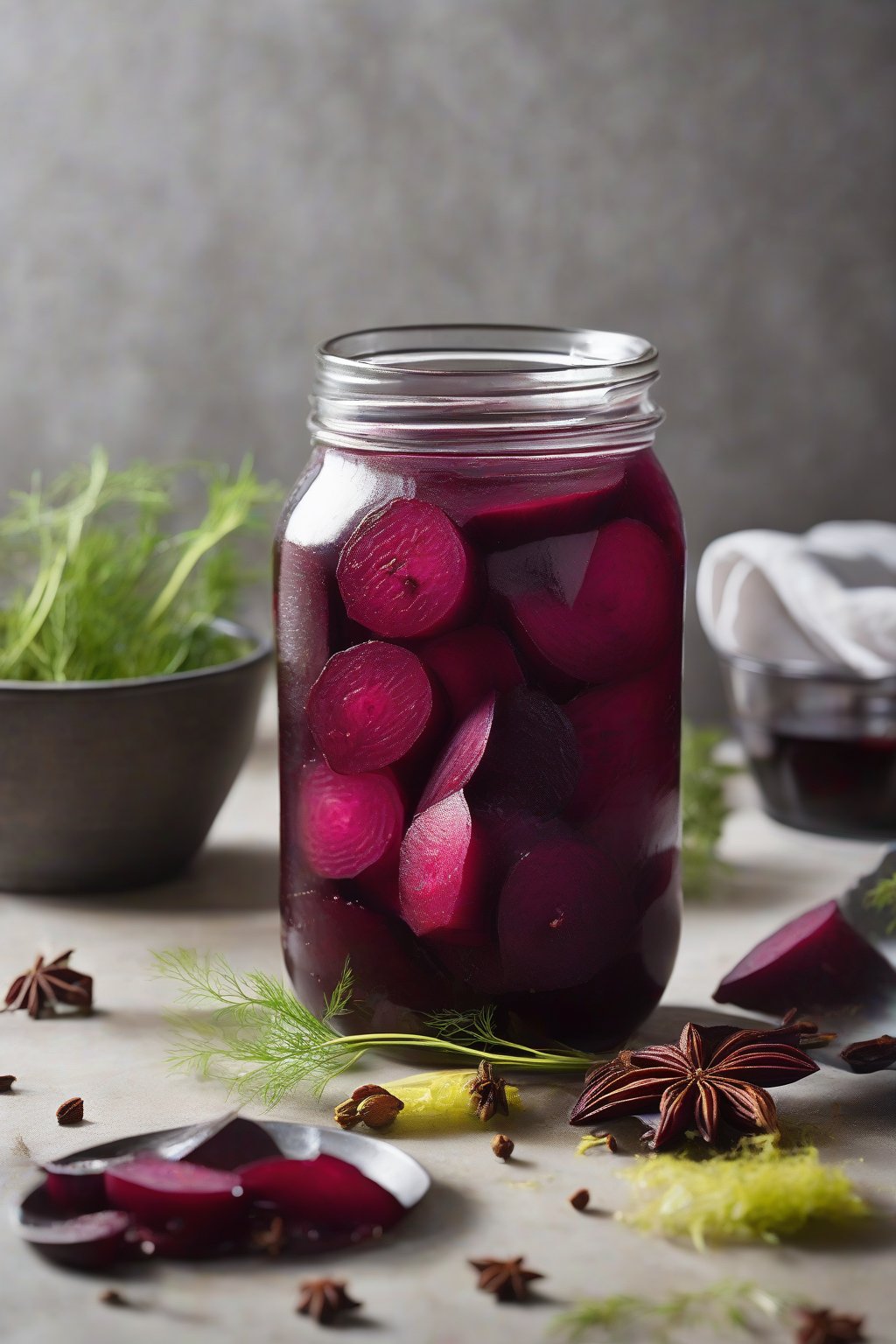 A high-resolution photo of fennel-infused pickled beets with star anise, textured and inviting under soft lighting.