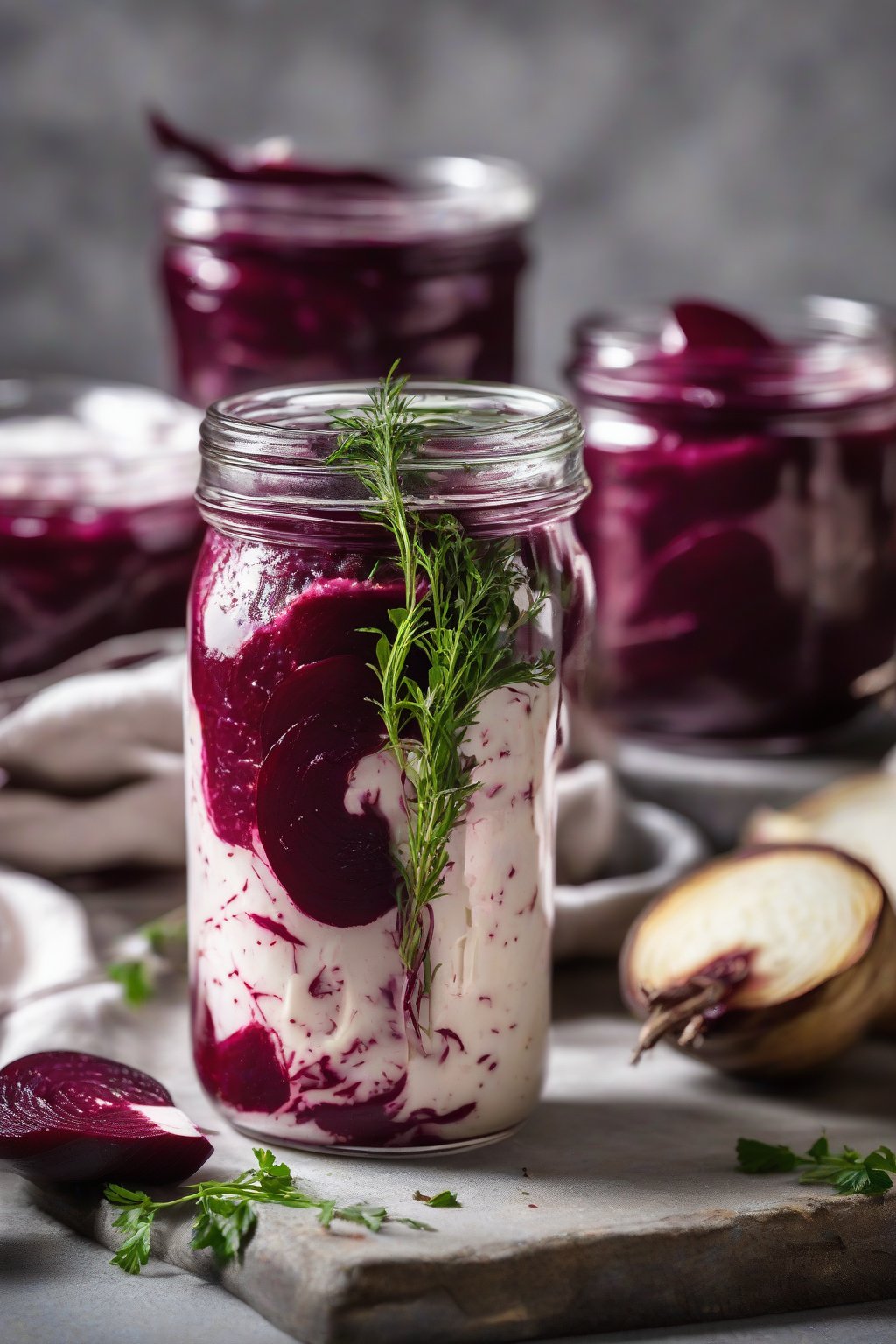 A high-resolution photo of creamy horseradish pickled beets in a jar, spicy flecks under soft lighting.