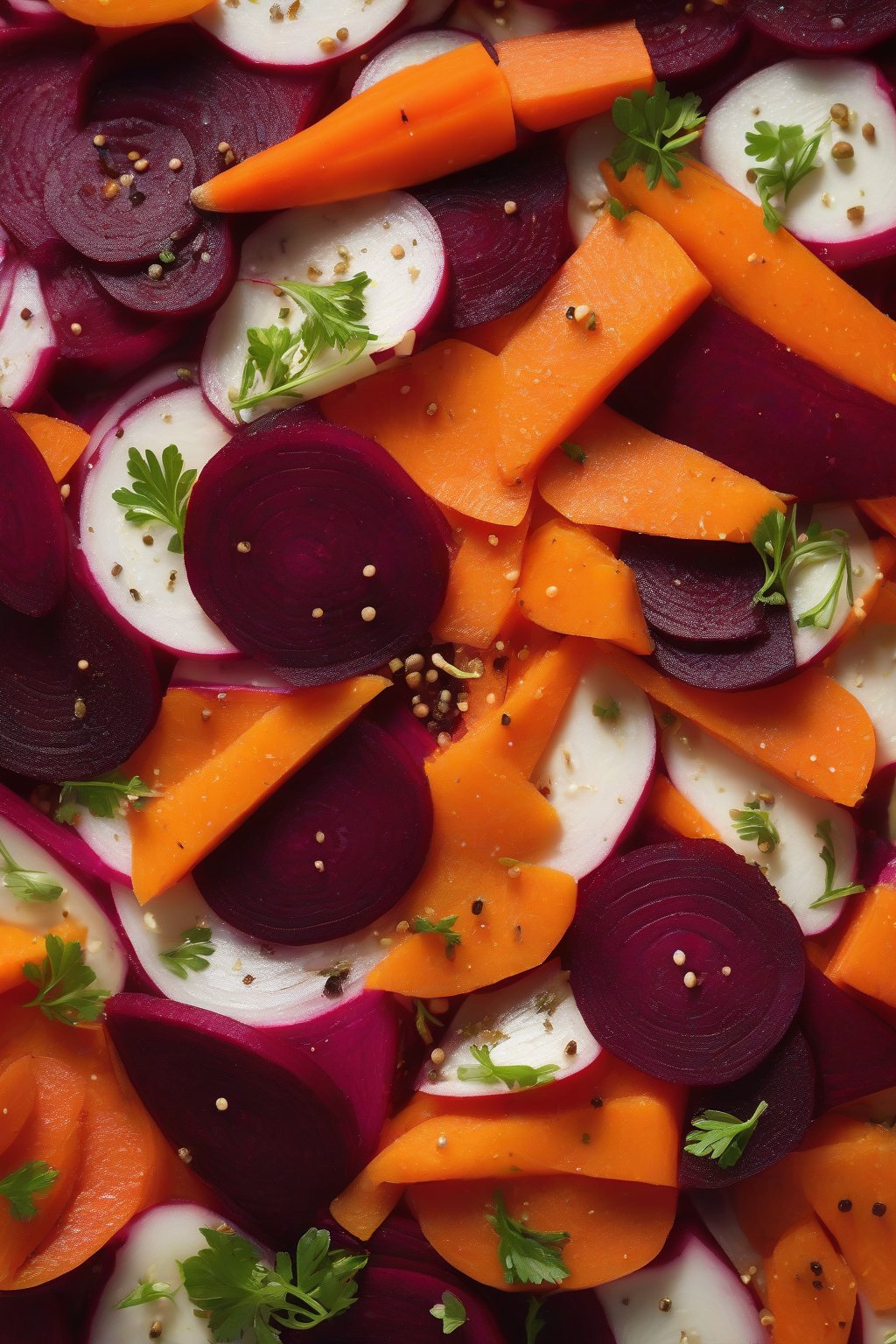 A high-resolution photo of beet and carrot medley with peppercorns, colorful slices under soft lighting.