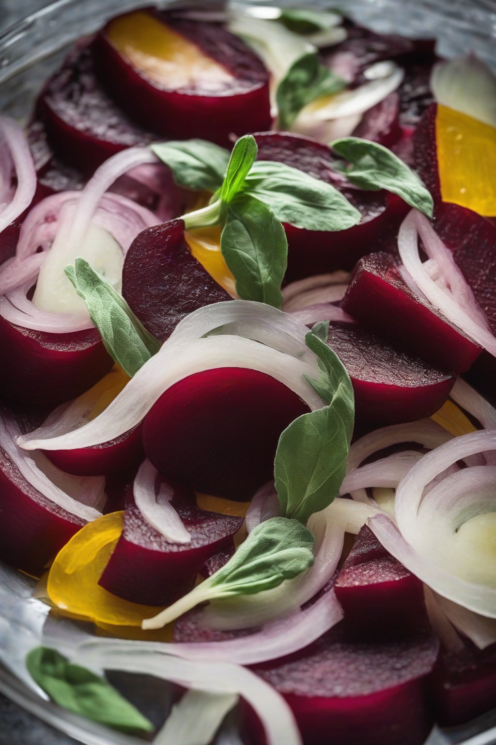 A high-resolution photo of sage and onion layered pickled beets, herby freshness under soft lighting.