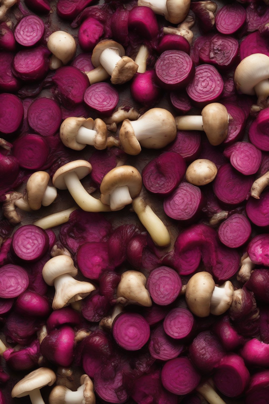 A high-resolution photo of mushroom and beet forest pickle, rustic and textured under soft lighting.