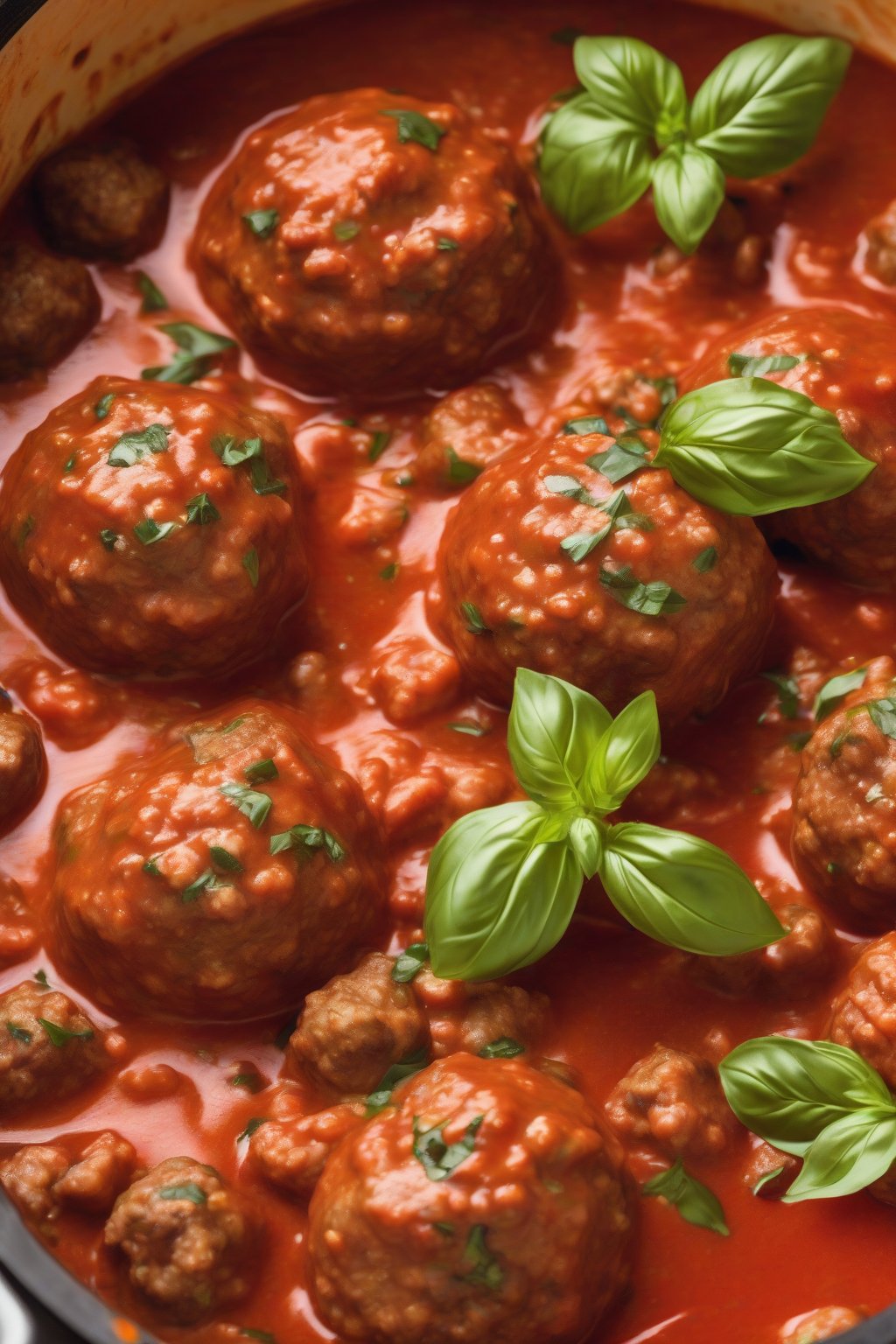 A high-resolution photo of golden-brown classic Italian beef and pork meatballs simmering in tomato sauce, garnished with fresh basil, under soft lighting.