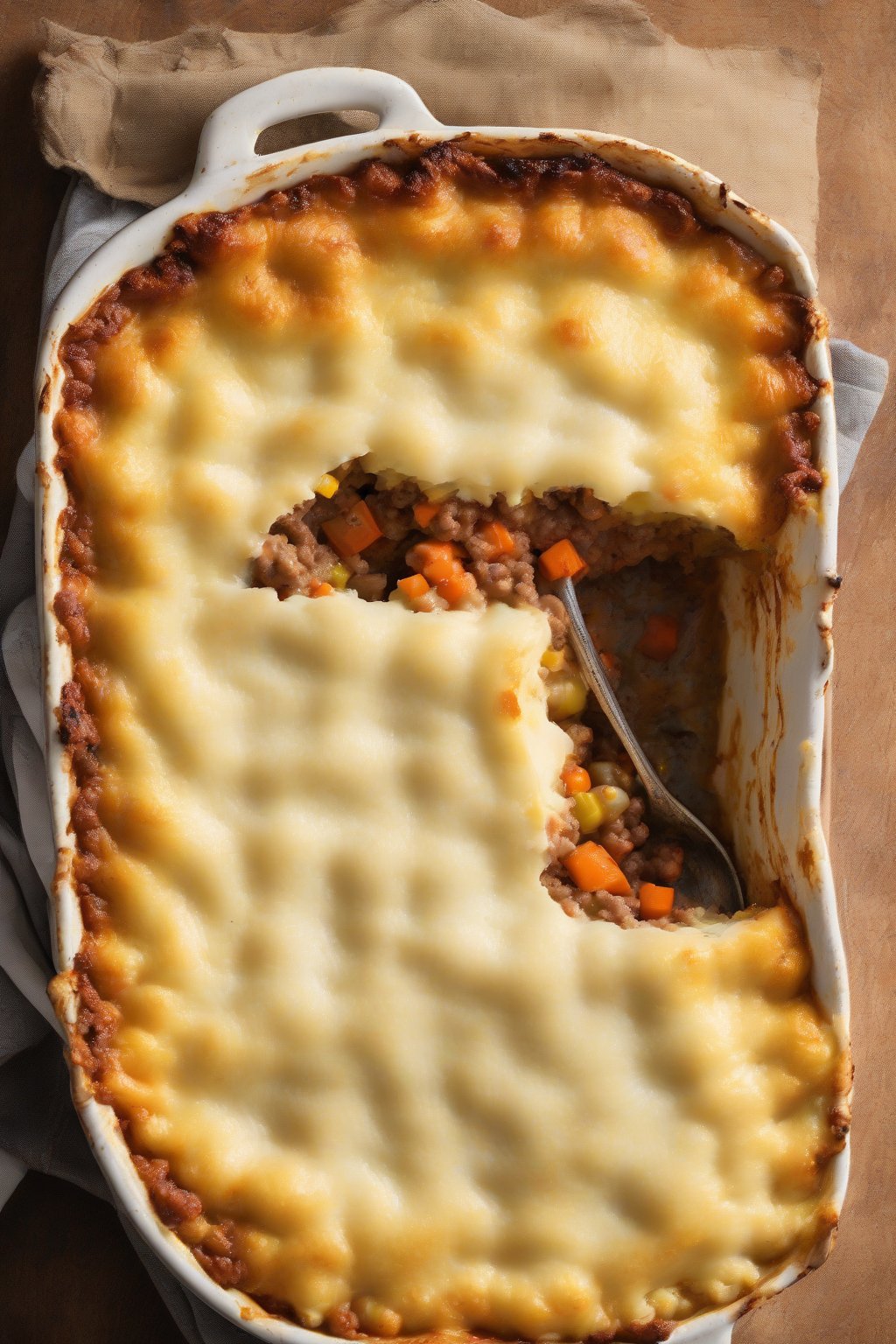 A high-resolution photo of cheesy shepherd's pie with molten cheddar crust, cross-section showing juicy filling, under soft lighting.