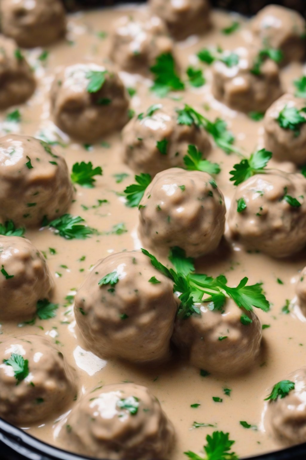 A high-resolution photo of perfectly round Swedish-style meatballs coated in creamy gravy, sprinkled with parsley, under soft lighting.