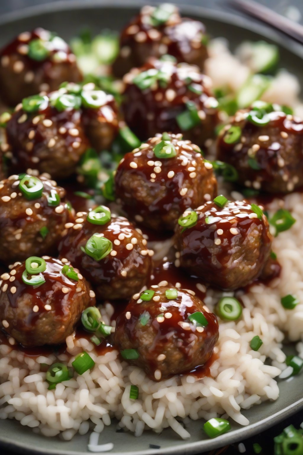A high-resolution photo of glossy sesame ginger turkey meatballs drizzled with sauce, topped with sesame seeds and scallions, under soft lighting.