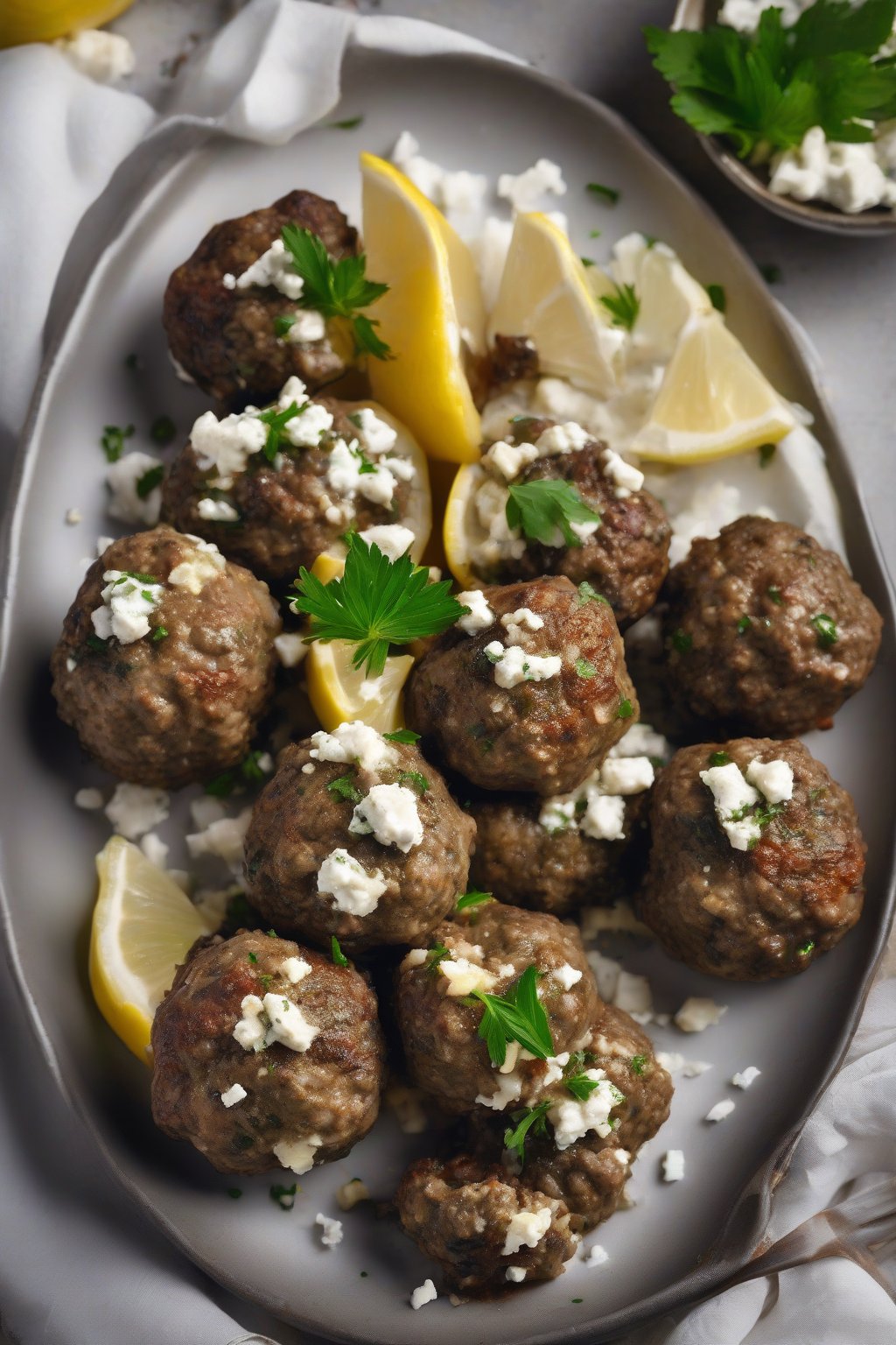 A high-resolution photo of herb-flecked Greek keftedes meatballs with lemon wedges and feta crumbles, under soft lighting.