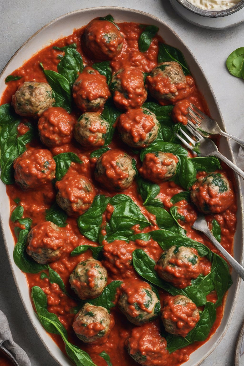 A high-resolution photo of vibrant green turkey spinach meatballs on a fork, with tomato sauce dip, under soft lighting.