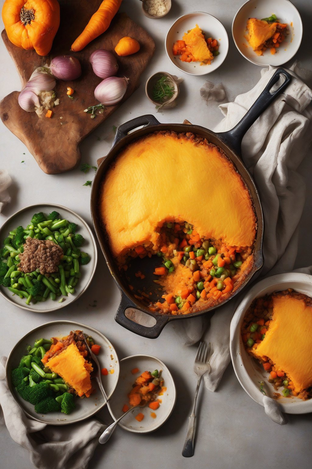 A high-resolution photo of sweet potato shepherd's pie with orange mash crust, vibrant veggies peeking through, under soft lighting.