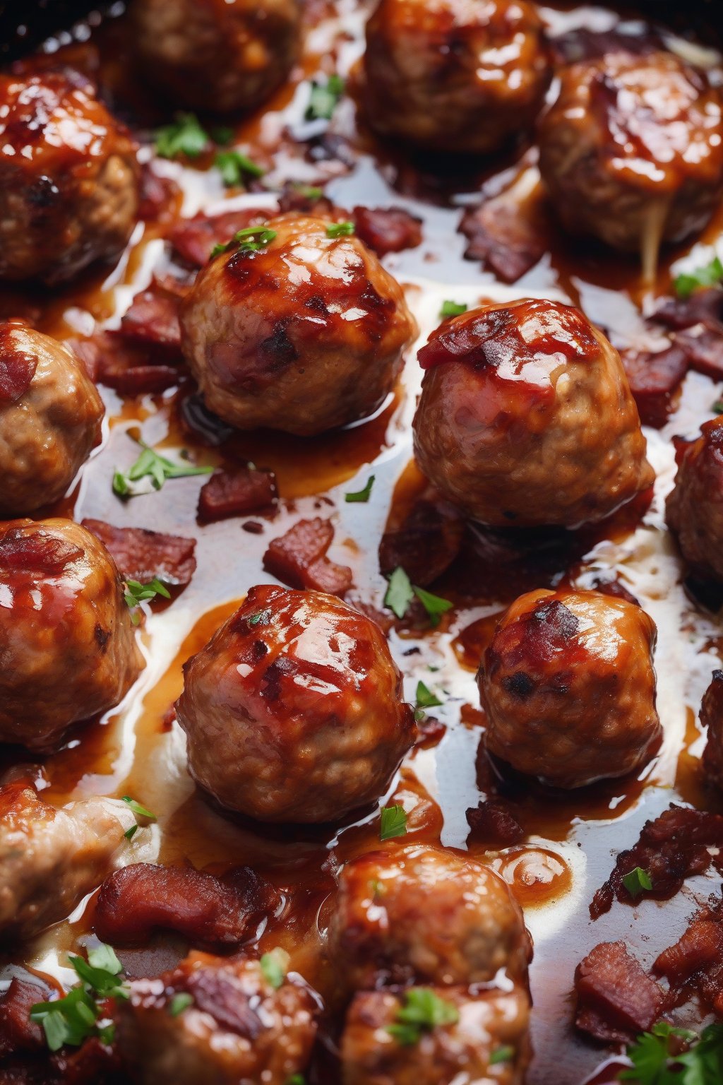 A high-resolution photo of glazed BBQ pork and bacon meatballs with smoky char marks, under soft lighting.