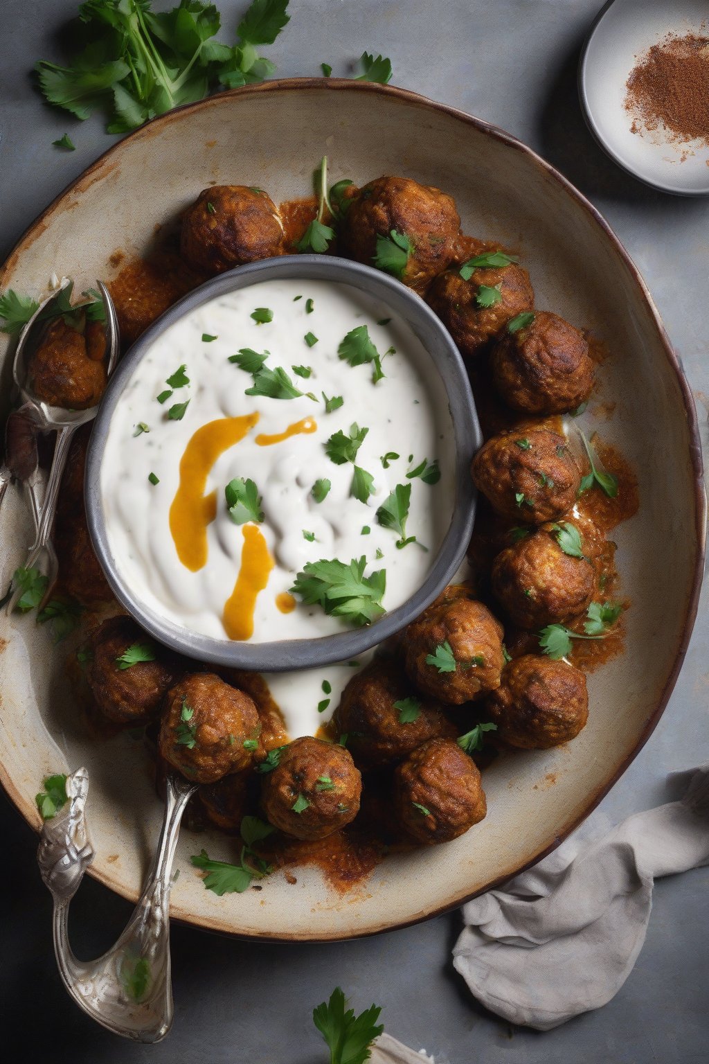 A high-resolution photo of spiced Moroccan lamb meatballs dusted with cinnamon, alongside yogurt sauce, under soft lighting.