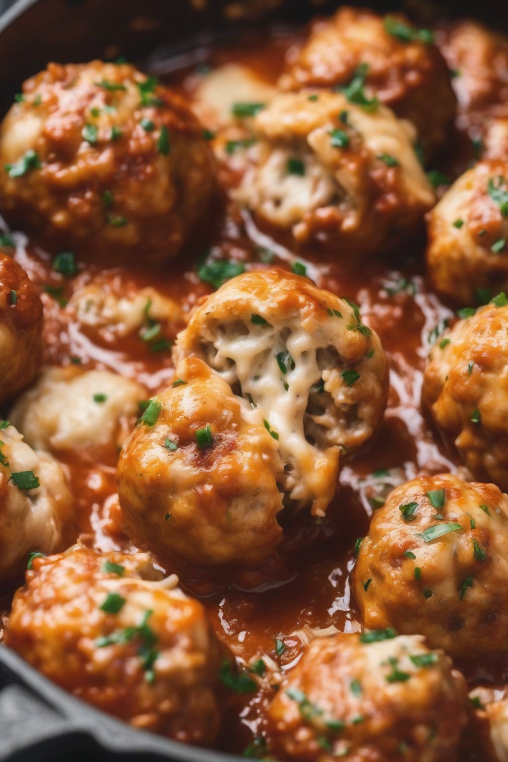 A high-resolution photo of cheesy garlic Parmesan chicken meatballs oozing with filling, under soft lighting.
