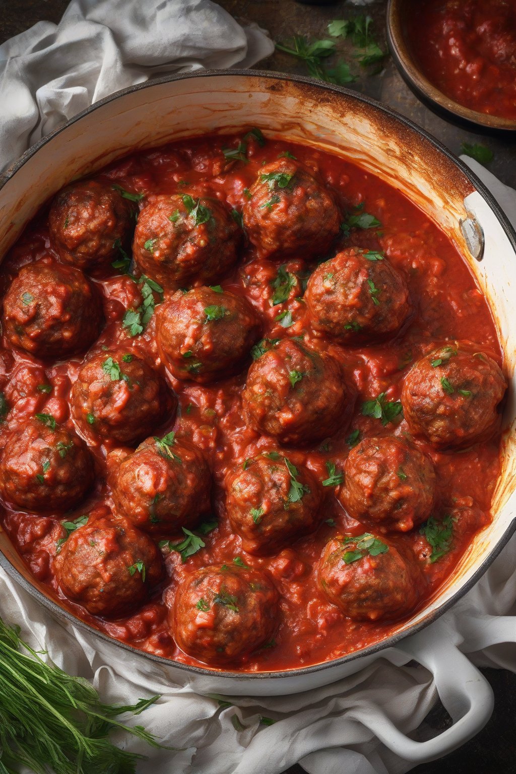 A high-resolution photo of seared spicy Italian sausage meatballs with fennel flecks, in chunky tomato sauce, under soft lighting.