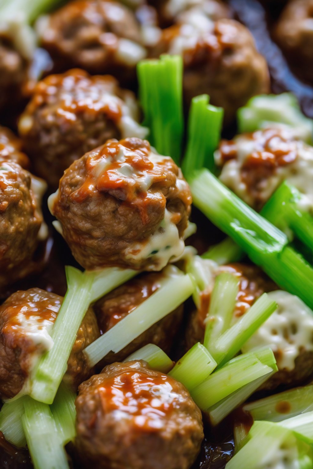 A high-resolution photo of buffalo blue cheese beef meatballs with melted centers and celery sticks, under soft lighting.
