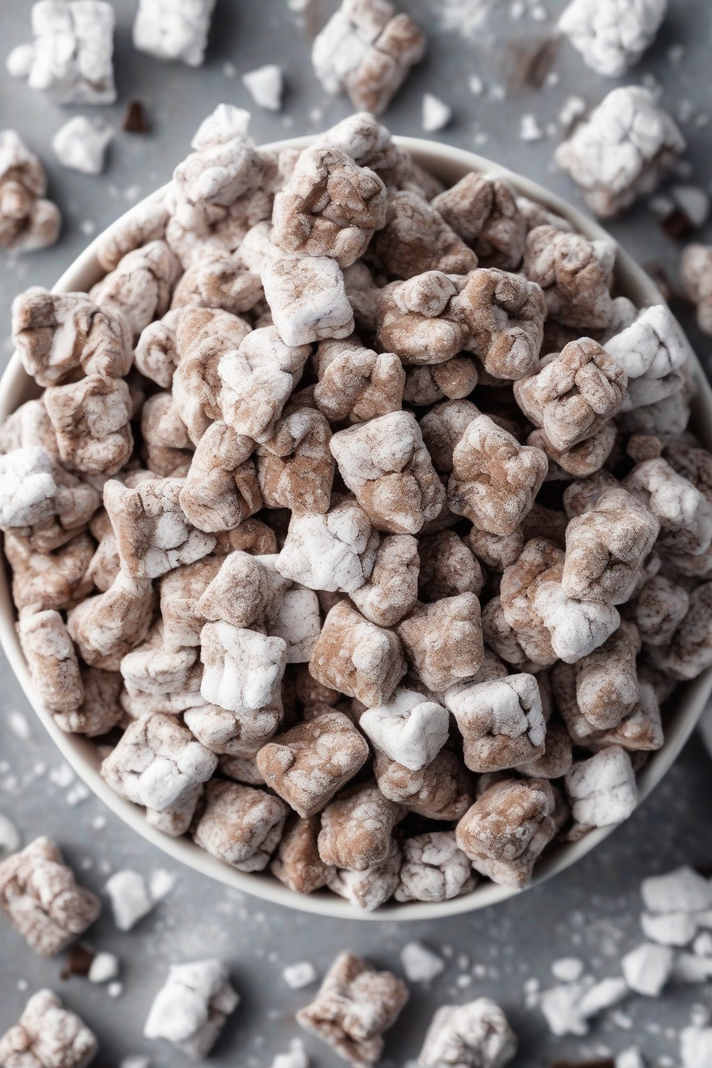 A high-resolution photo of classic chocolate peanut butter powdery muddy buddies piled in a white bowl, dusted heavily with powdered sugar, under soft lighting.