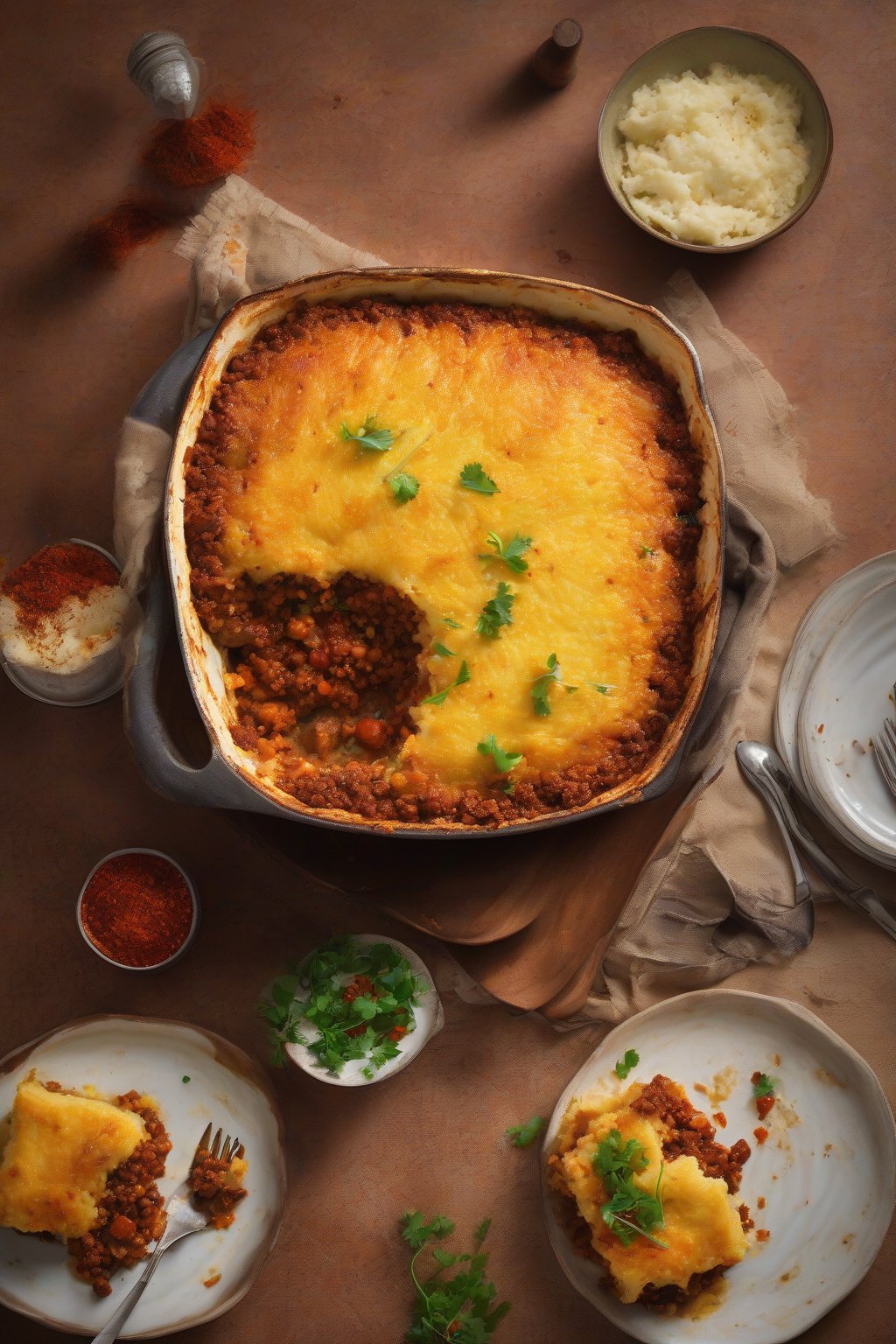 A high-resolution photo of spicy chorizo shepherd's pie, topped with golden mash and chili flecks, under soft lighting.