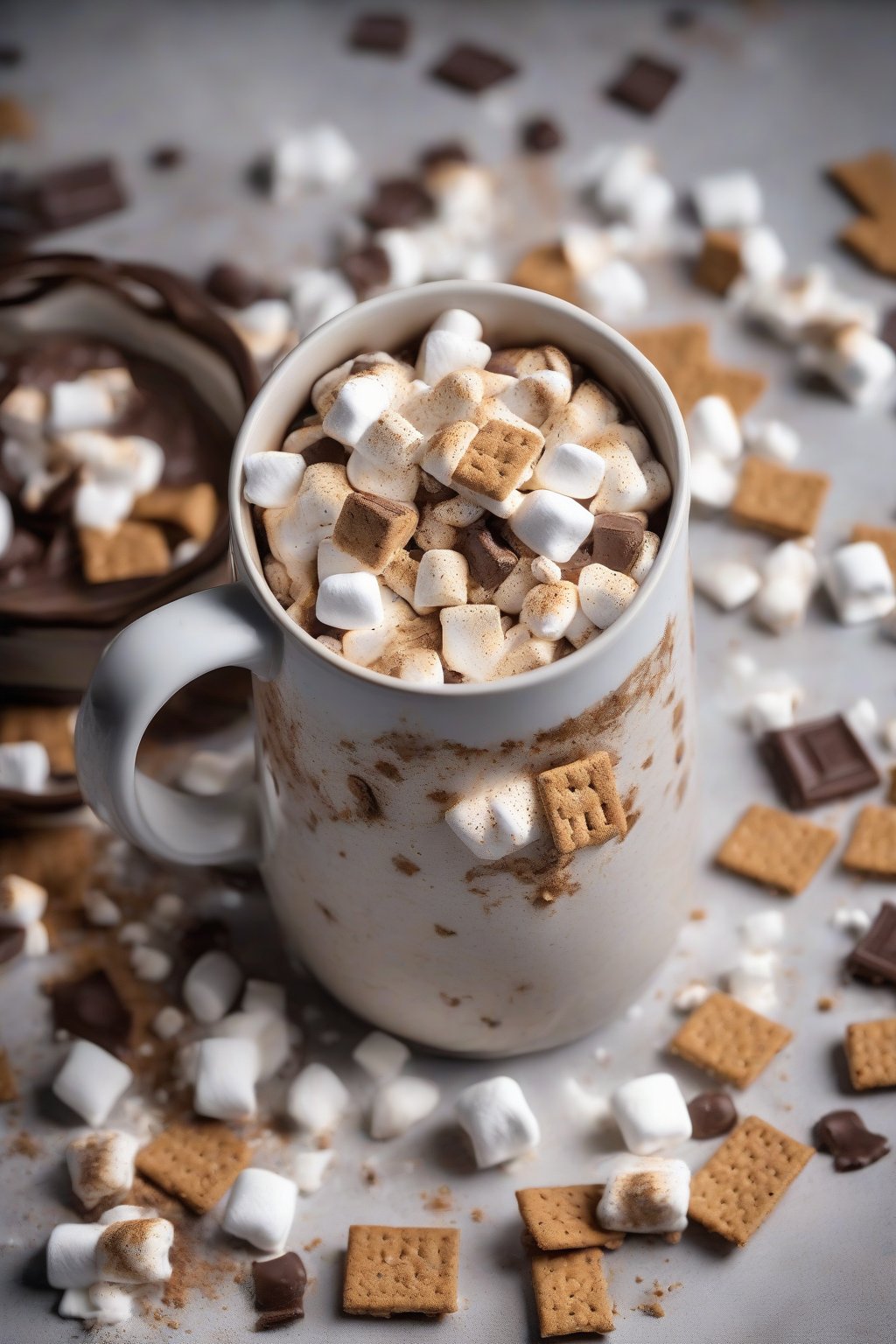 A high-resolution photo of s'mores powdery muddy buddies with graham cracker bits and marshmallow flecks, overflowing from a rustic mug, under soft lighting.