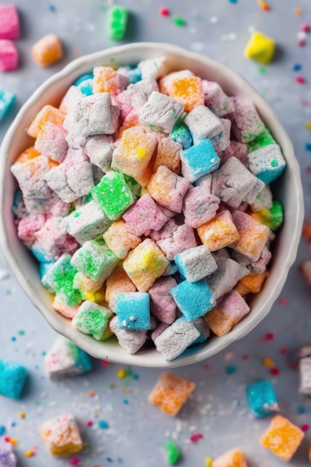 A high-resolution photo of birthday cake powdery muddy buddies bursting with colorful sprinkles and thick powdered sugar coating, in a party bowl, under soft lighting.