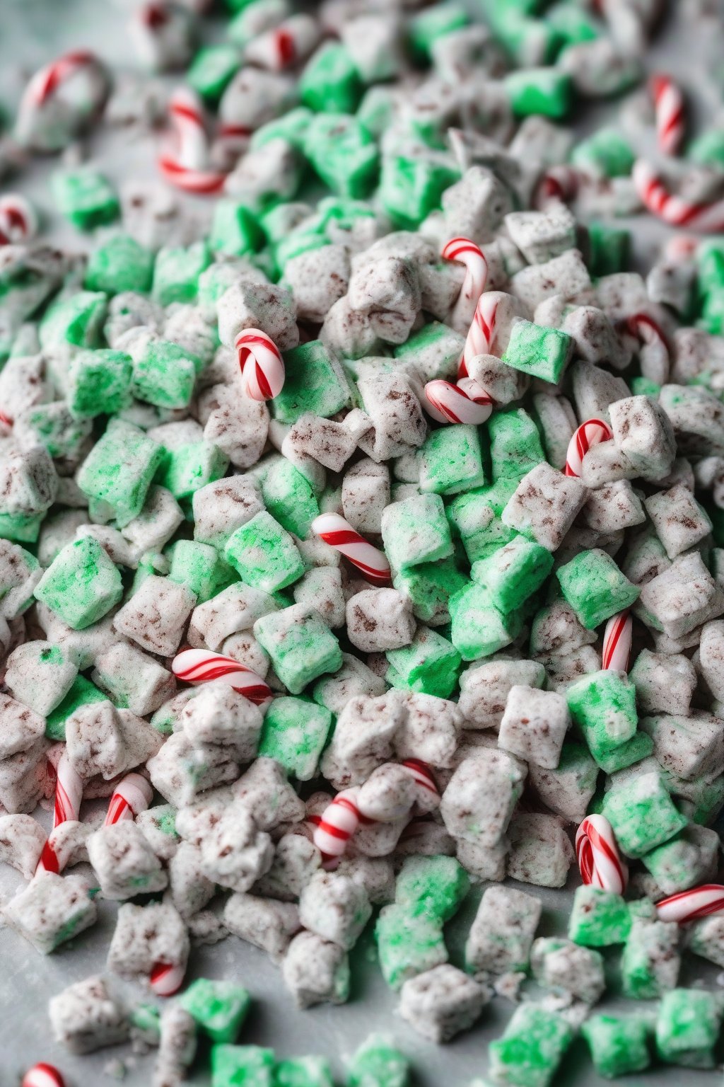 A high-resolution photo of mint chocolate powdery muddy buddies with green flecks and candy cane bits, scattered on parchment paper, under soft lighting.