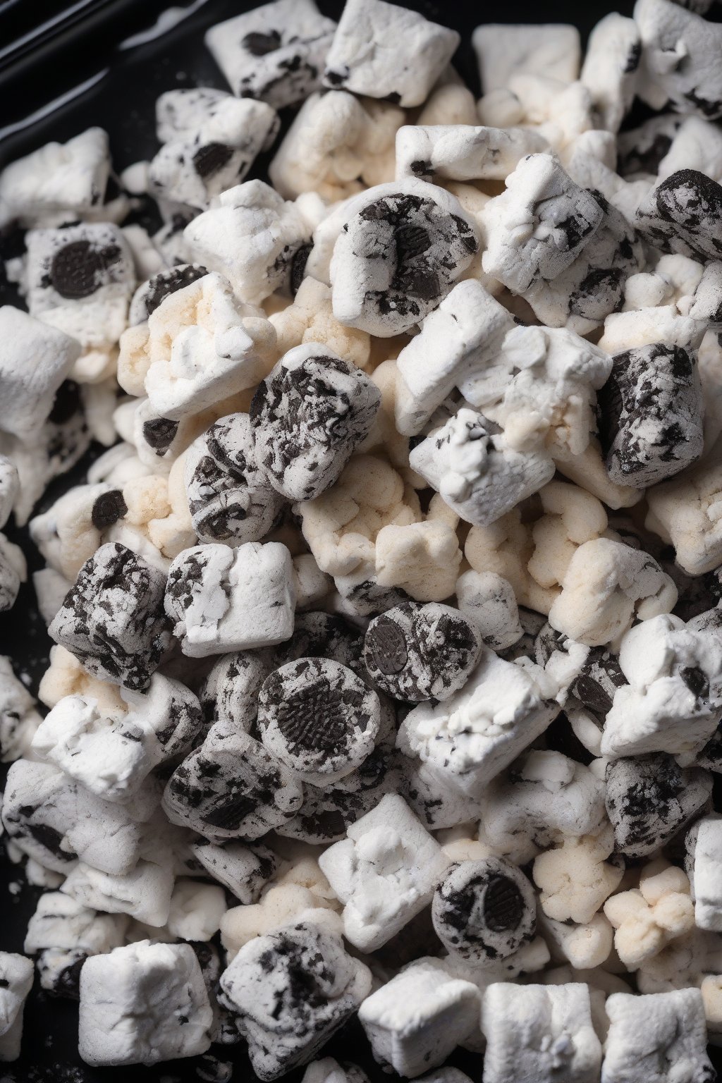 A high-resolution photo of cookies and cream powdery muddy buddies loaded with Oreo chunks and snowy sugar, in a black tray, under soft lighting.