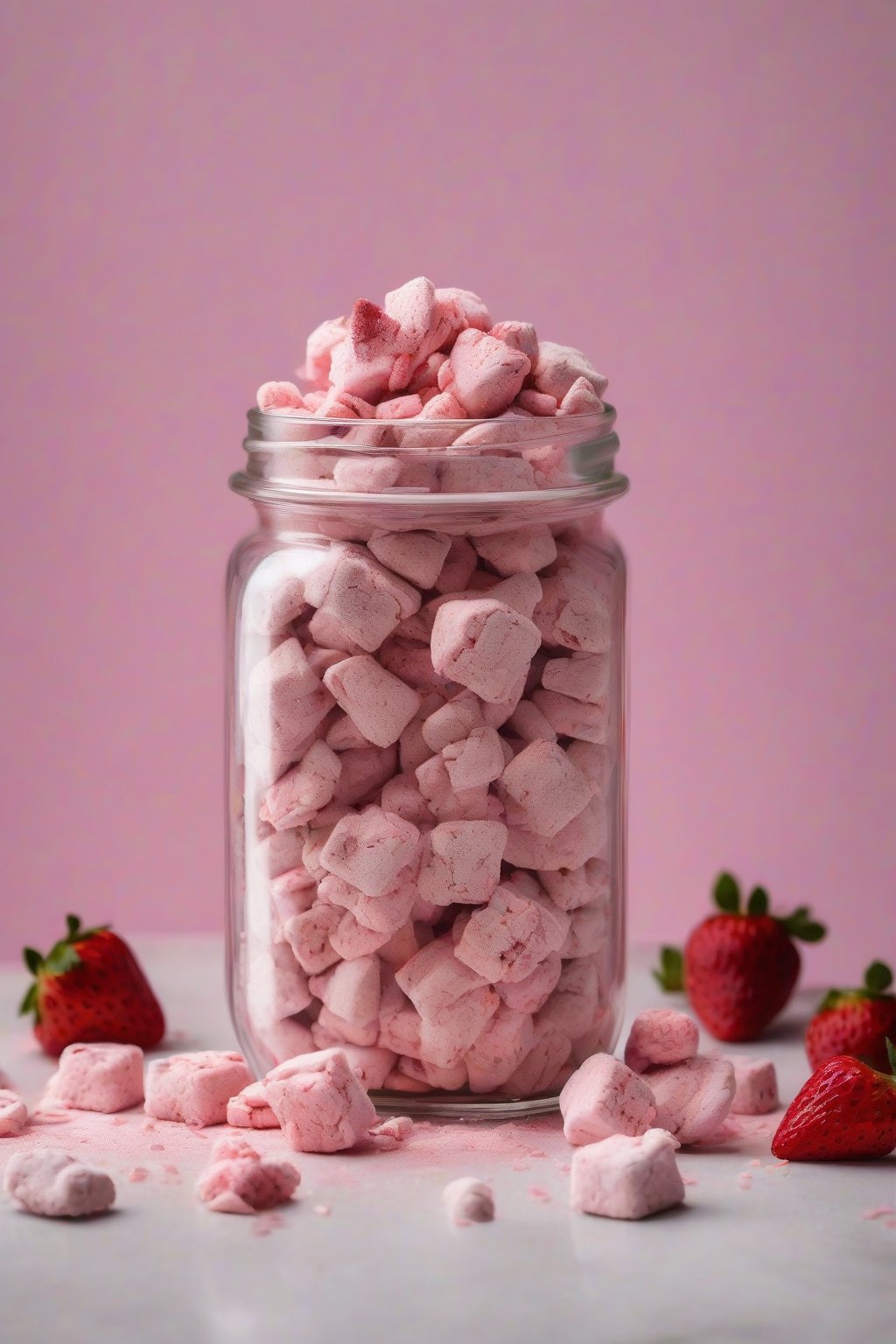 A high-resolution photo of strawberry shortcake powdery muddy buddies with pink chocolate drips and cookie pieces, in a glass jar, under soft lighting.