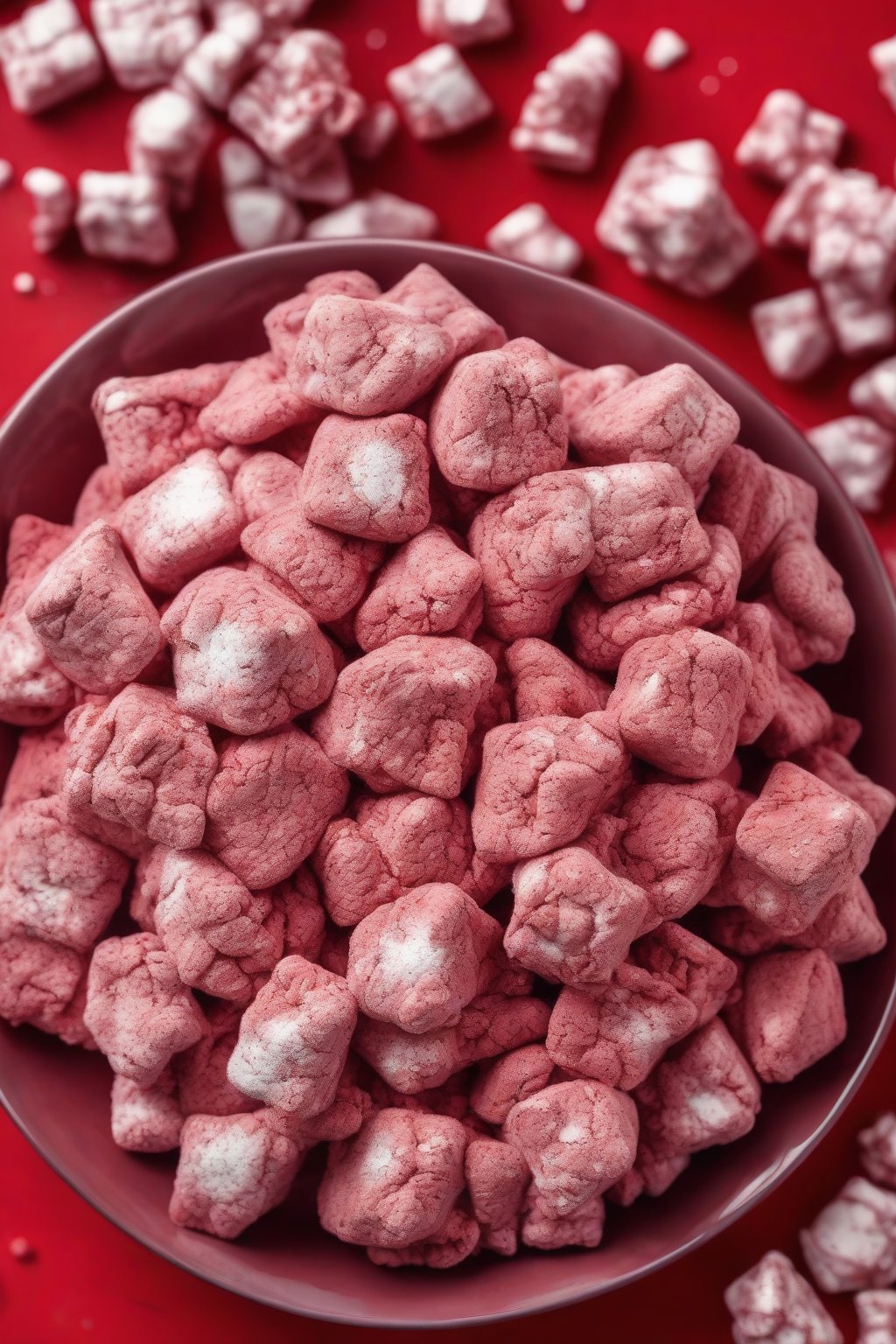 A high-resolution photo of red velvet powdery muddy buddies with cocoa-speckled red coating, mounded on a red plate, under soft lighting.