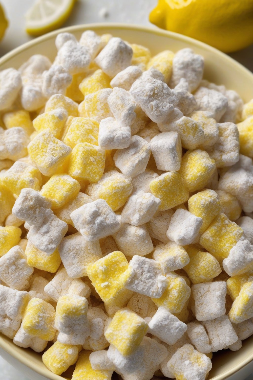 A high-resolution photo of lemon powdery muddy buddies glistening with zest flecks and heavy sugar dusting, in a yellow bowl, under soft lighting.