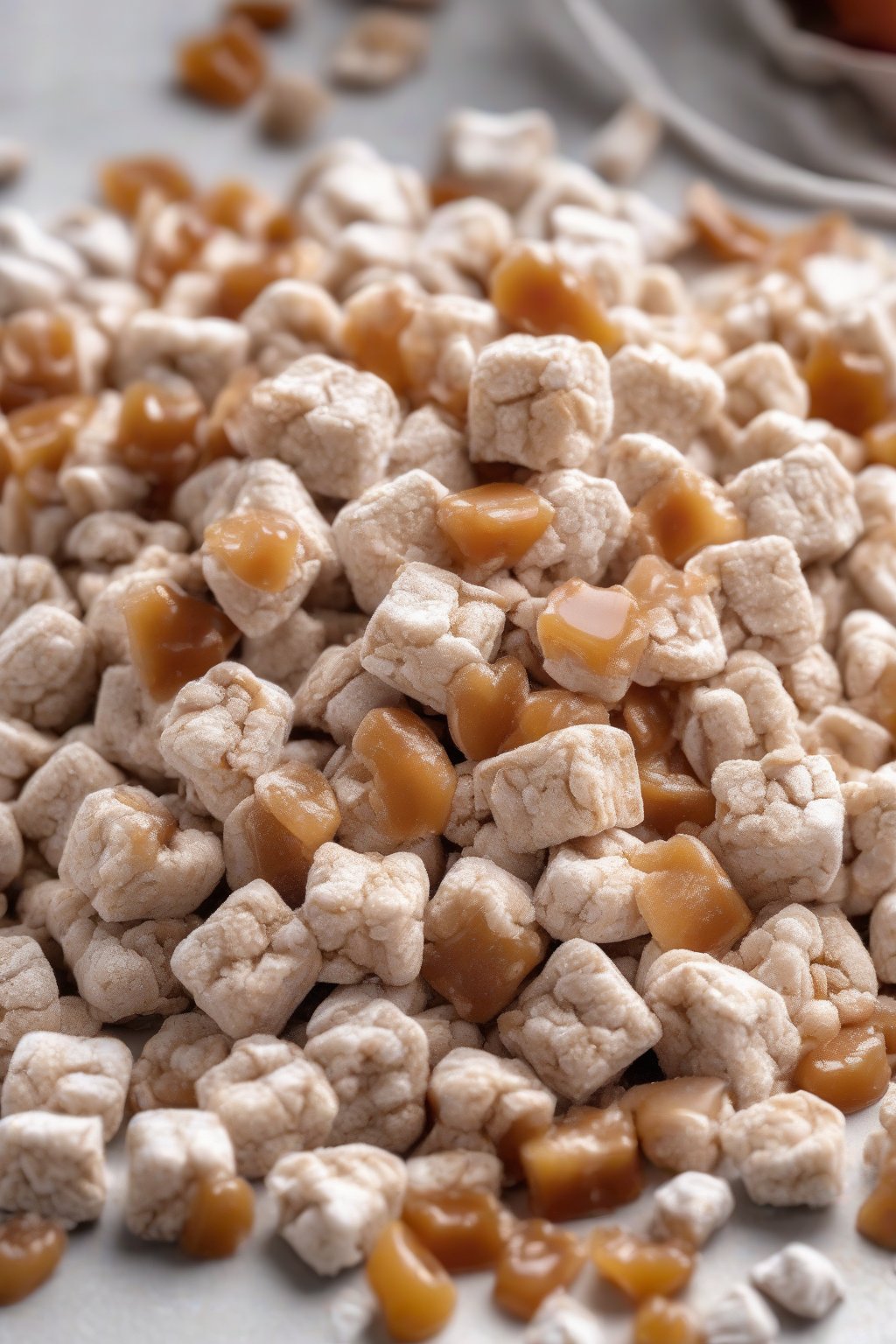 A high-resolution photo of caramel apple powdery muddy buddies with dried apple bits and gooey caramel shine, piled high, under soft lighting.