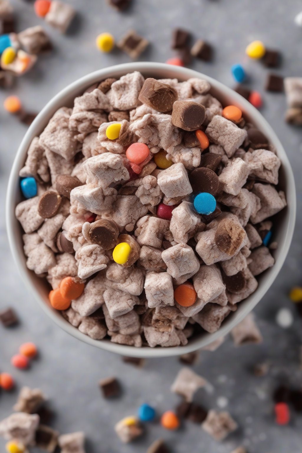 A high-resolution photo of peanut butter cup powdery muddy buddies studded with chopped candies and thick powder, in a snack bowl, under soft lighting.
