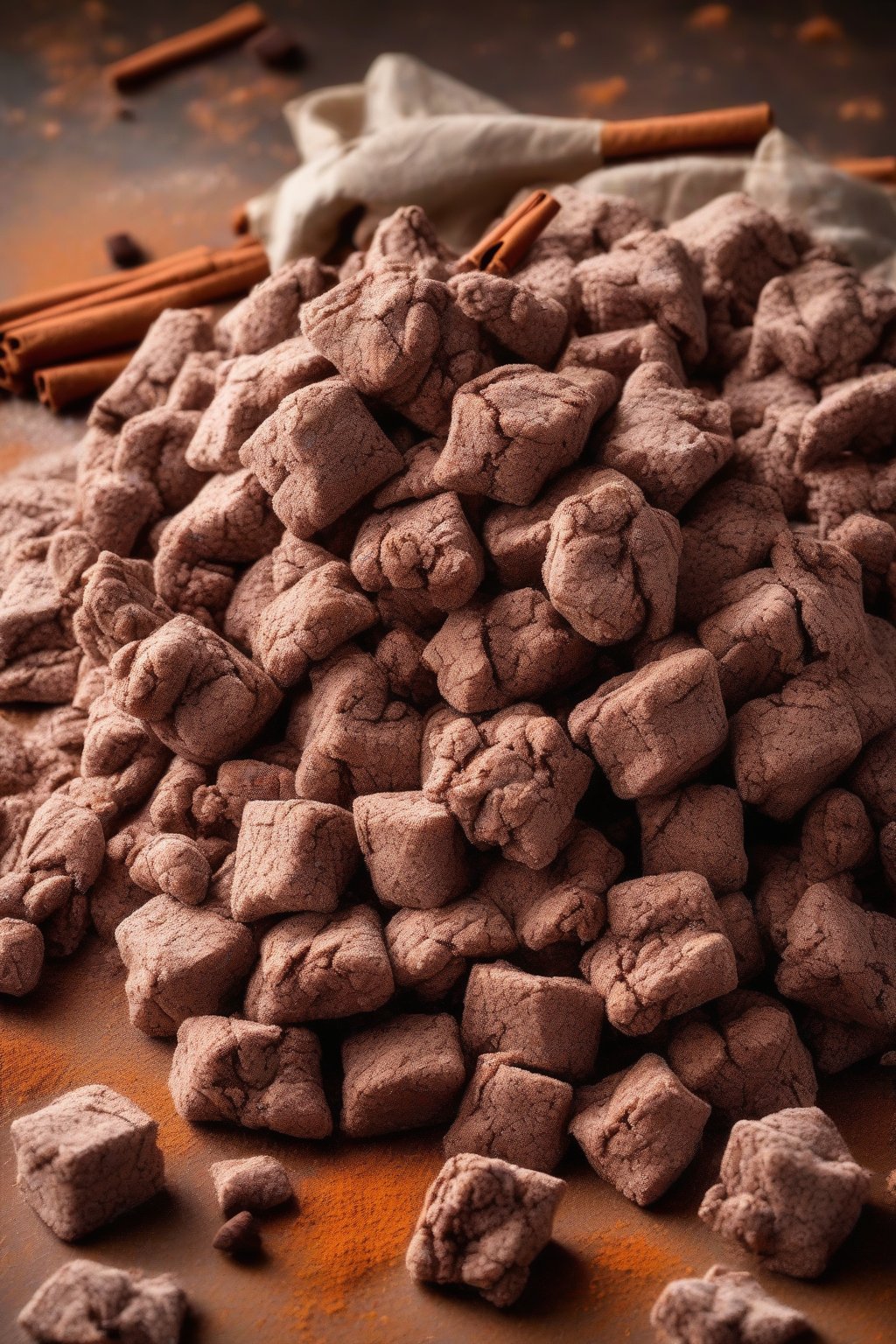 A high-resolution photo of spicy Mexican chocolate powdery muddy buddies with cinnamon dust and chili hints, arranged artfully, under soft lighting.