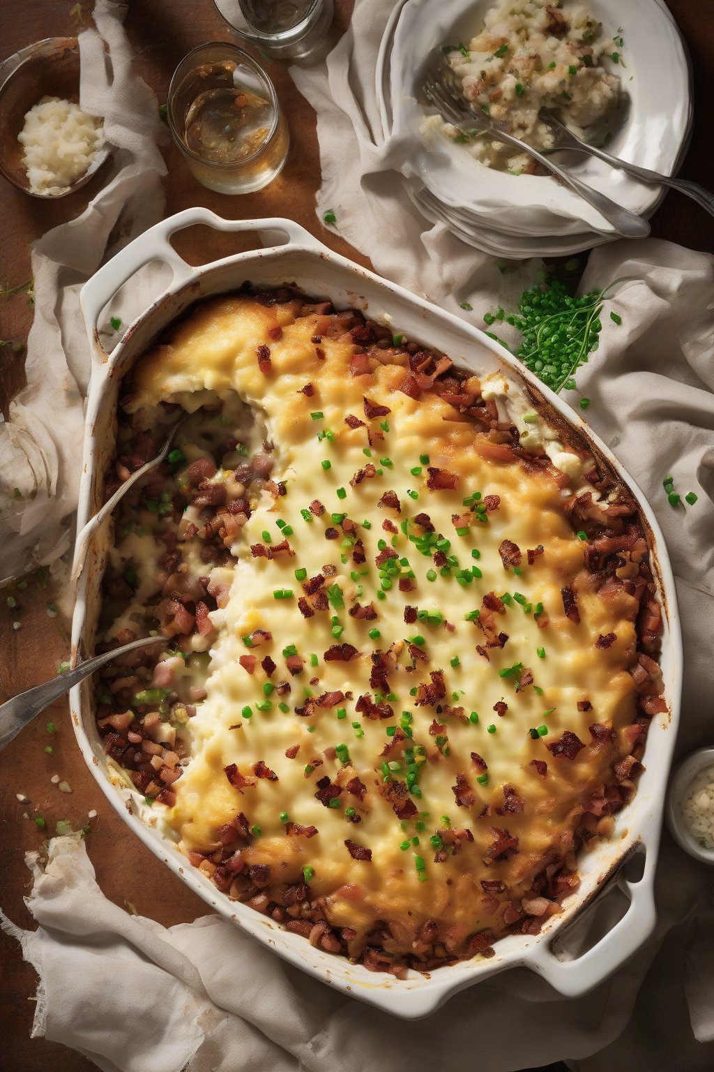 A high-resolution photo of loaded bacon shepherd's pie, mash scattered with chives and crispy bits, under soft lighting.