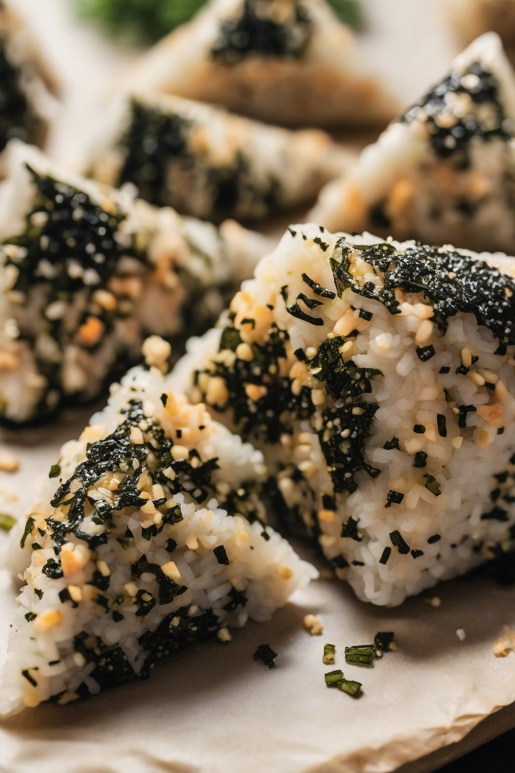 A close-up photo of golden tuna mayo onigiri triangles wrapped in crisp nori, sesame seeds sprinkled on top, under soft lighting.