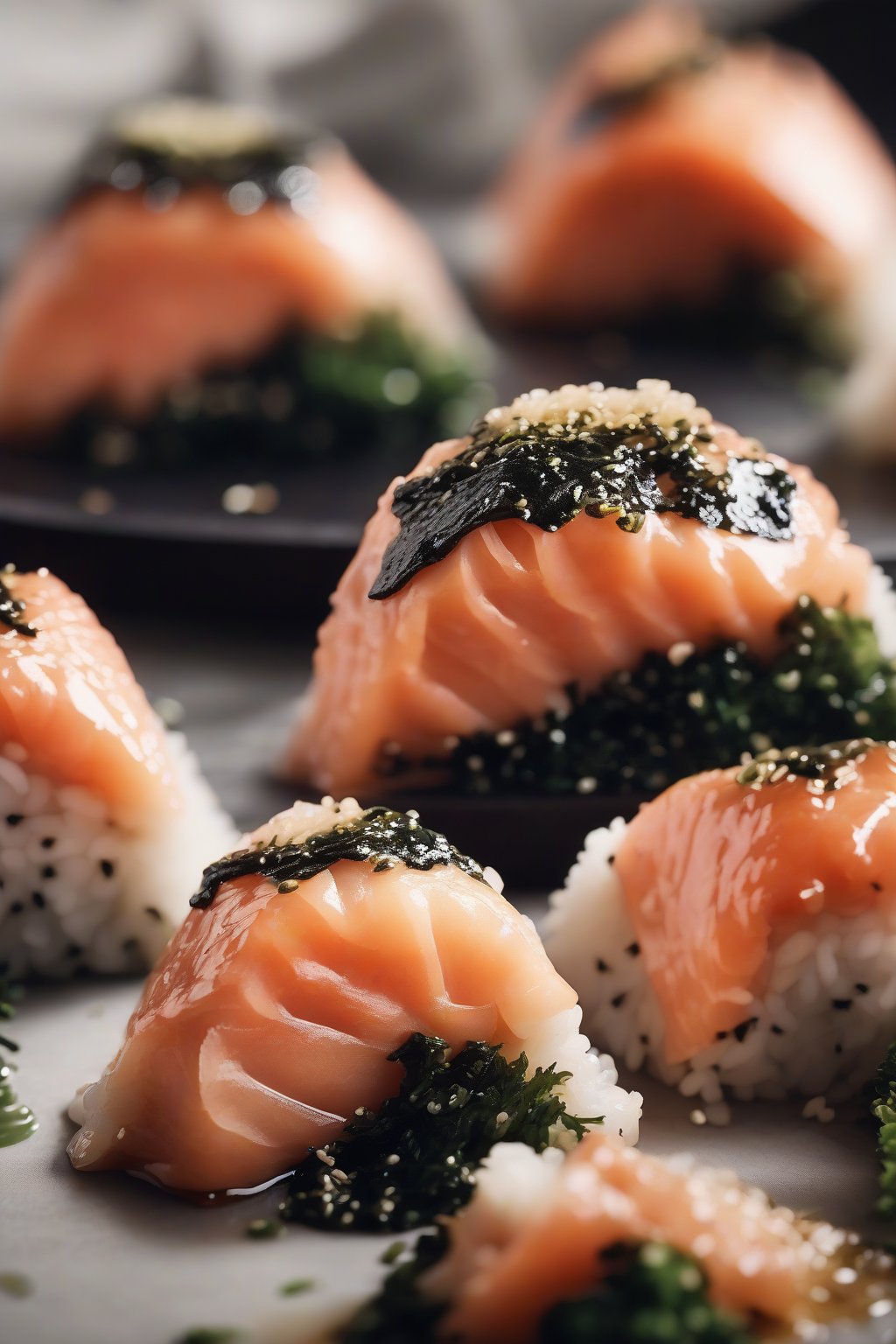 A high-resolution photo of glistening salmon teriyaki onigiri with shiny glaze and nori strips, steam rising subtly, under soft lighting.