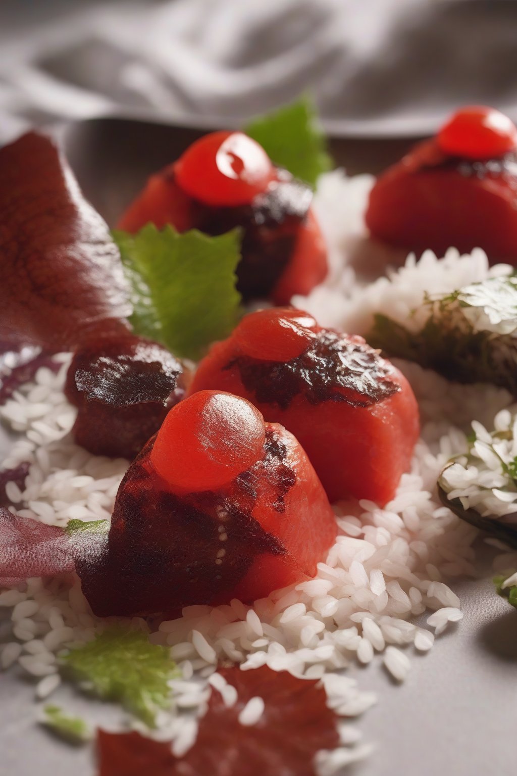 A close-up photo of vibrant red umeboshi onigiri with shiso accents, dewy rice surface, under soft lighting.