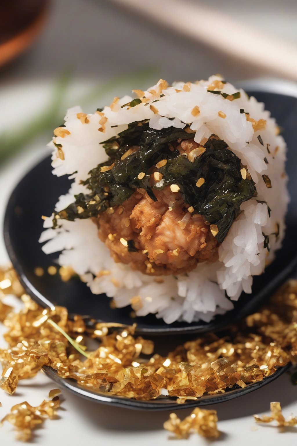 A high-resolution photo of chicken karaage onigiri with golden crispy bits peeking out, nori-wrapped, under soft lighting.