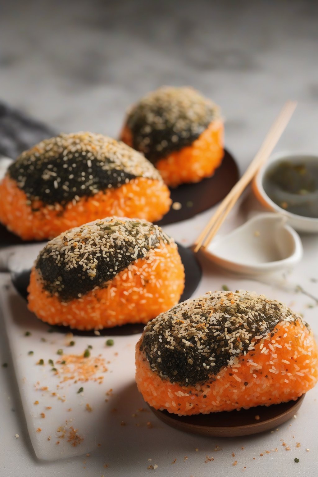 A close-up photo of vibrant orange mentaiko onigiri dusted with furikake, glossy rice, under soft lighting.