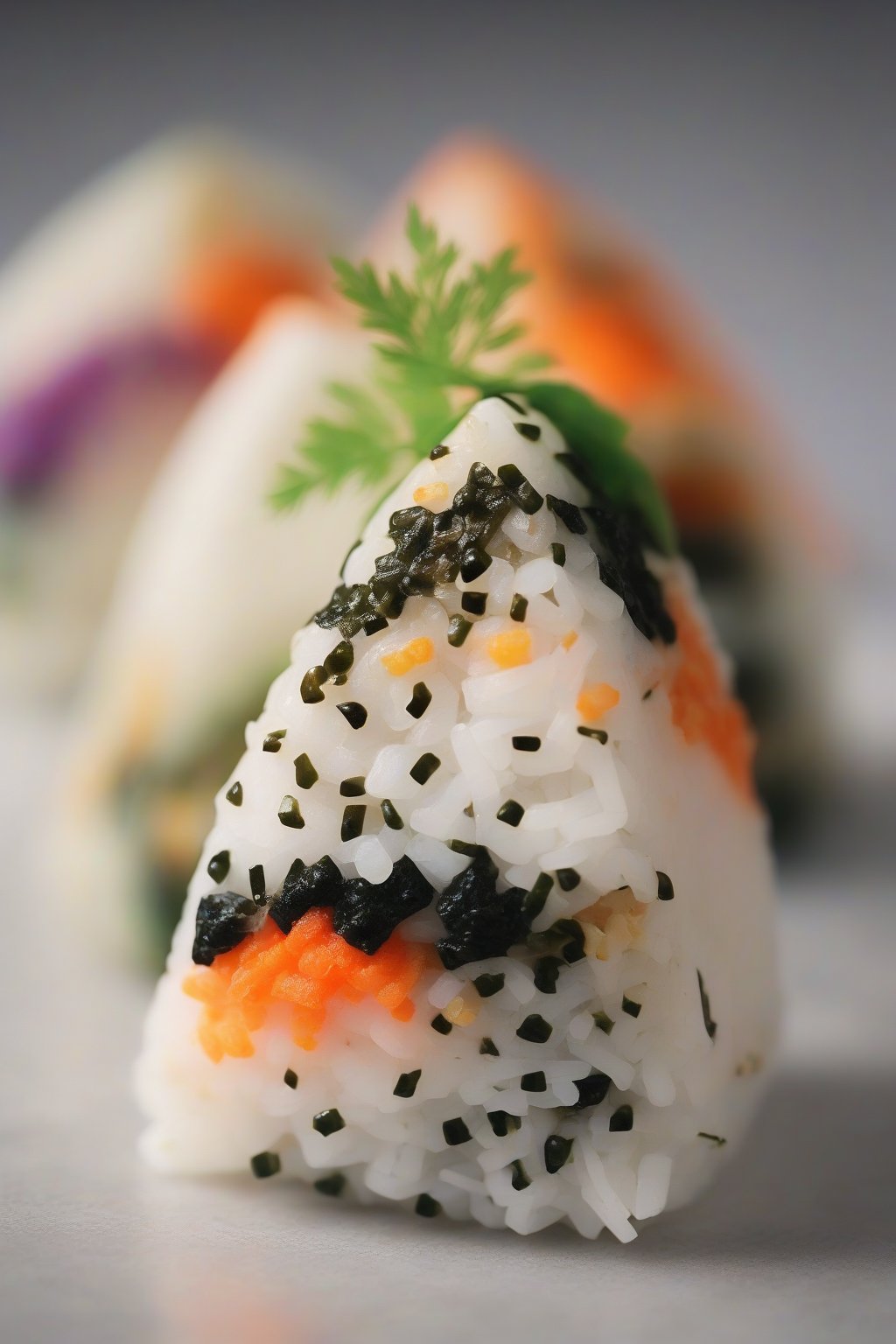 A close-up photo of colorful takikomi onigiri with carrot and bamboo specks, aromatic steam, under soft lighting.