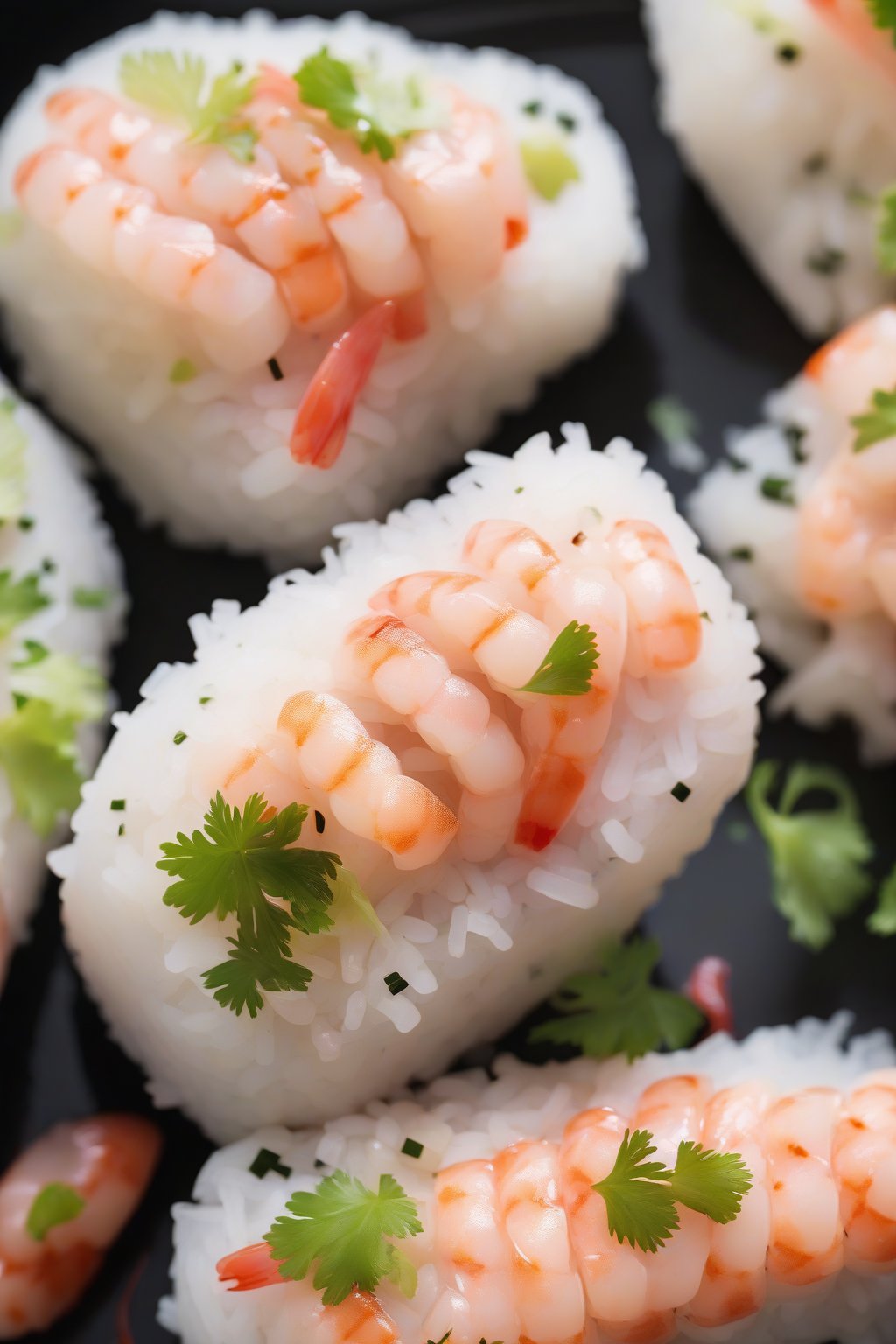 A high-resolution photo of plump ebi mayo onigiri with pink shrimp visible, creamy drizzle, under soft lighting.