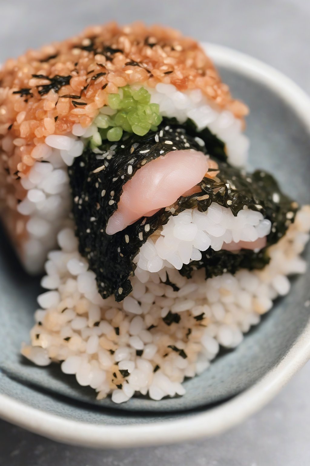 A close-up photo of okaka onigiri with dark flaky bonito edges, simple nori wrap, under soft lighting.