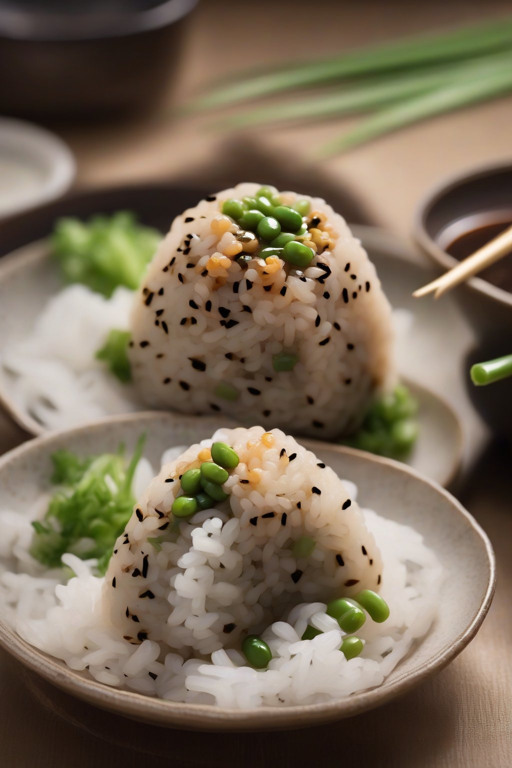 A high-resolution photo of natto onigiri with stringy beans and green onion flecks, rustic appeal, under soft lighting.
