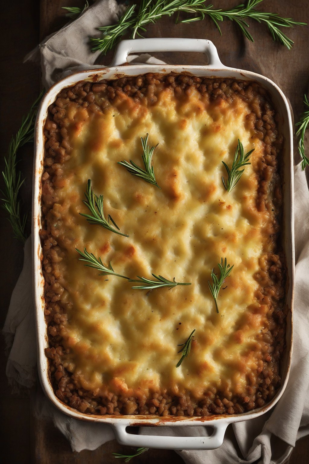 A high-resolution photo of rosemary-flecked lamb shepherd's pie, perfectly browned top with herb garnish, under soft lighting.