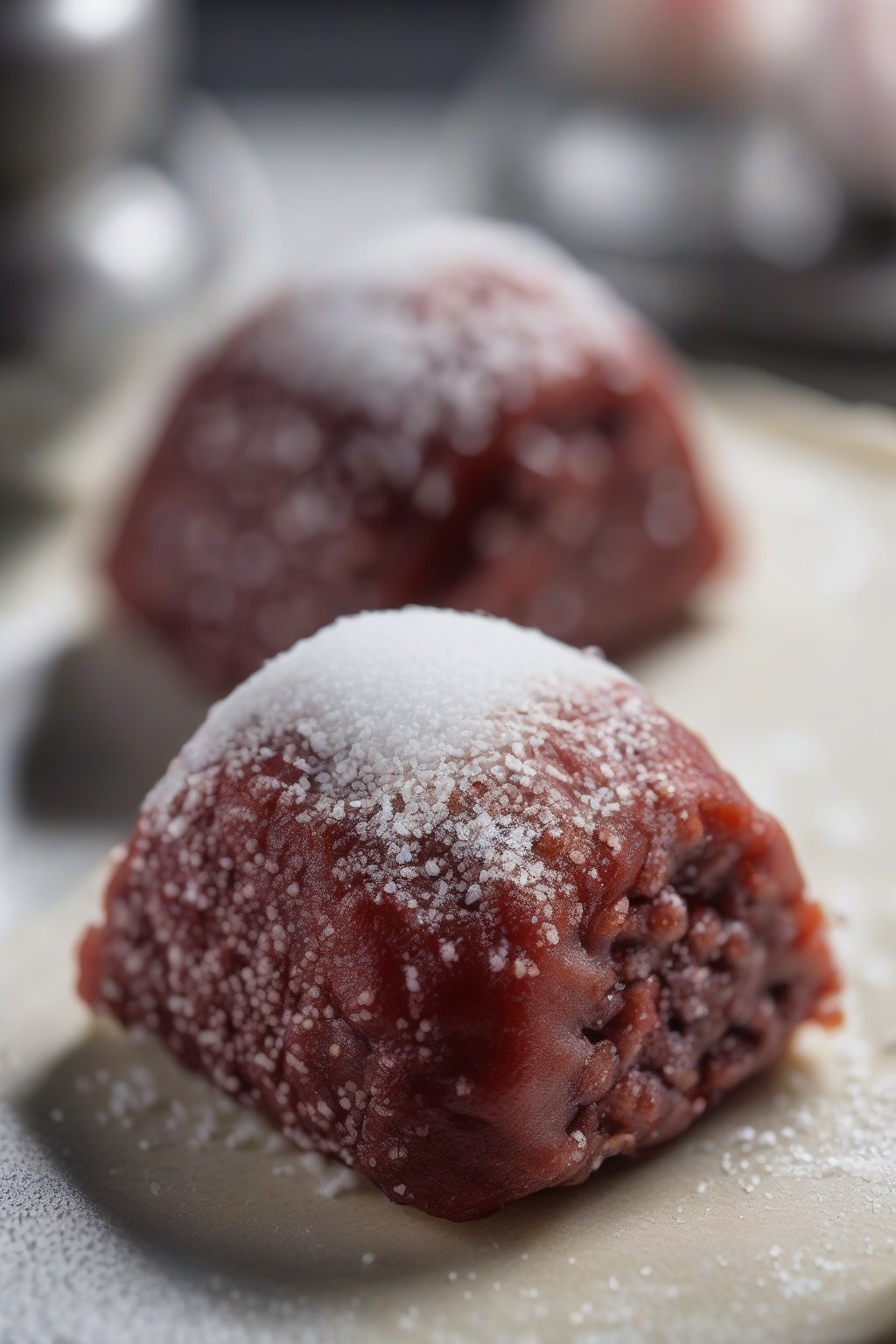 A close-up photo of azuki onigiri with smooth red bean paste oozing slightly, powdered sugar dusting, under soft lighting.