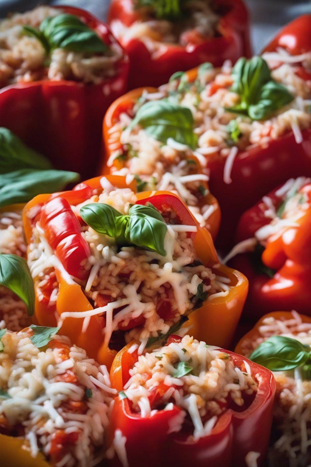 A close-up photo of ruby red bell peppers stuffed with tomato basil rice, oozing cheese, under soft lighting.