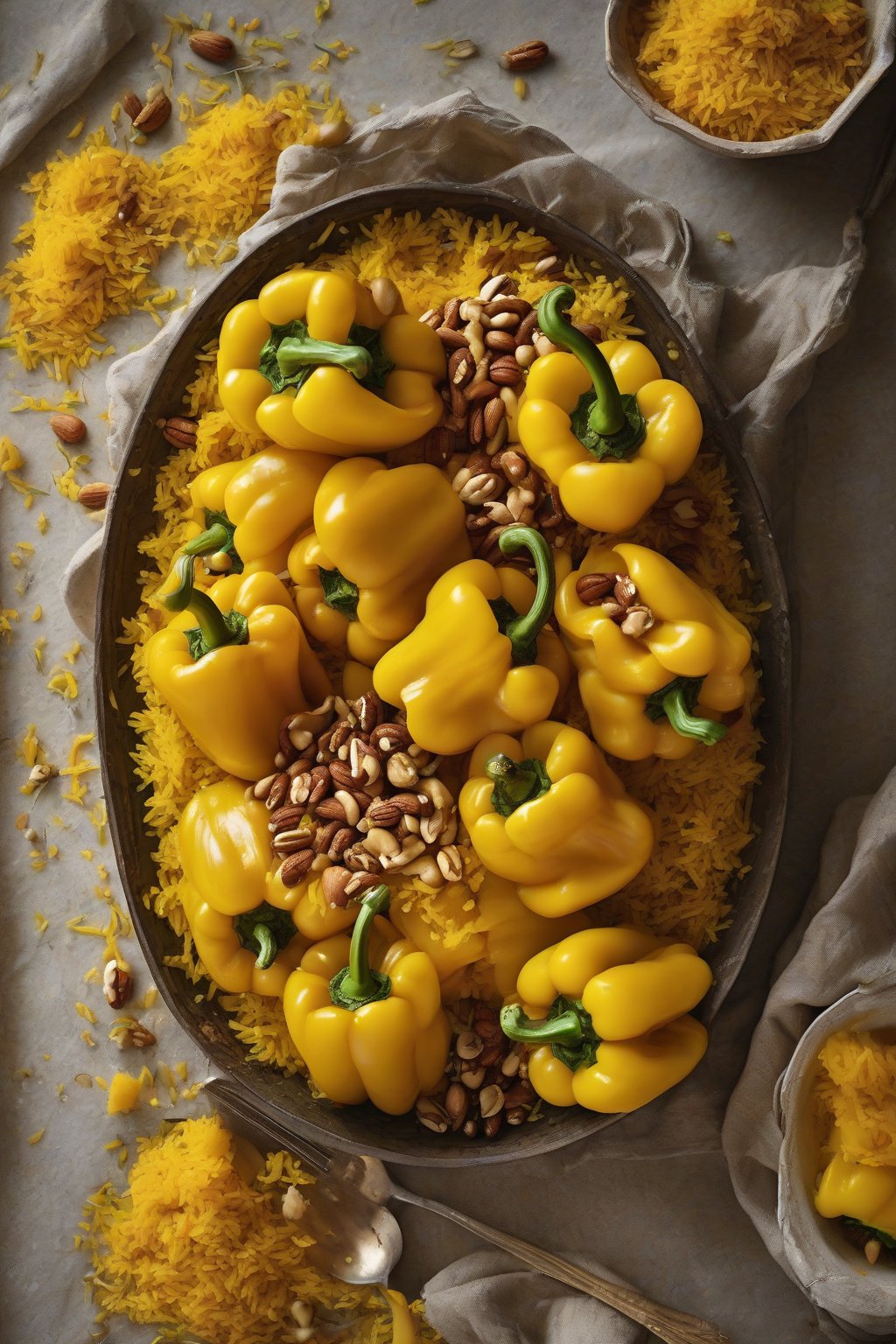 A close-up photo of sunny yellow peppers brimming with golden saffron rice and nuts, under soft lighting.