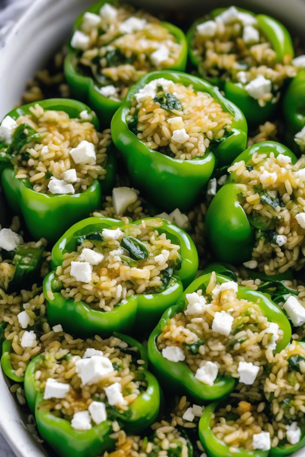 A close-up photo of green bell peppers overflowing with spinach feta rice, feta crumbling out, under soft lighting.