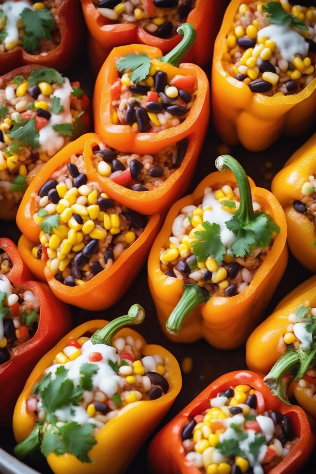 A close-up photo of orange peppers stuffed with colorful Mexican rice, beans, and corn peeking out, under soft lighting.