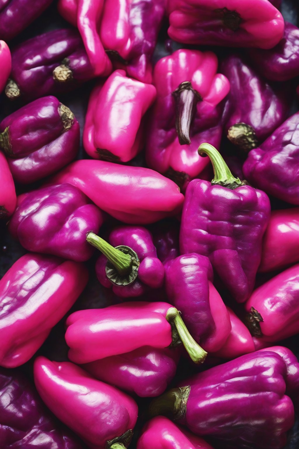 A close-up photo of purple peppers filled with vibrant pink beet rice, under soft lighting.