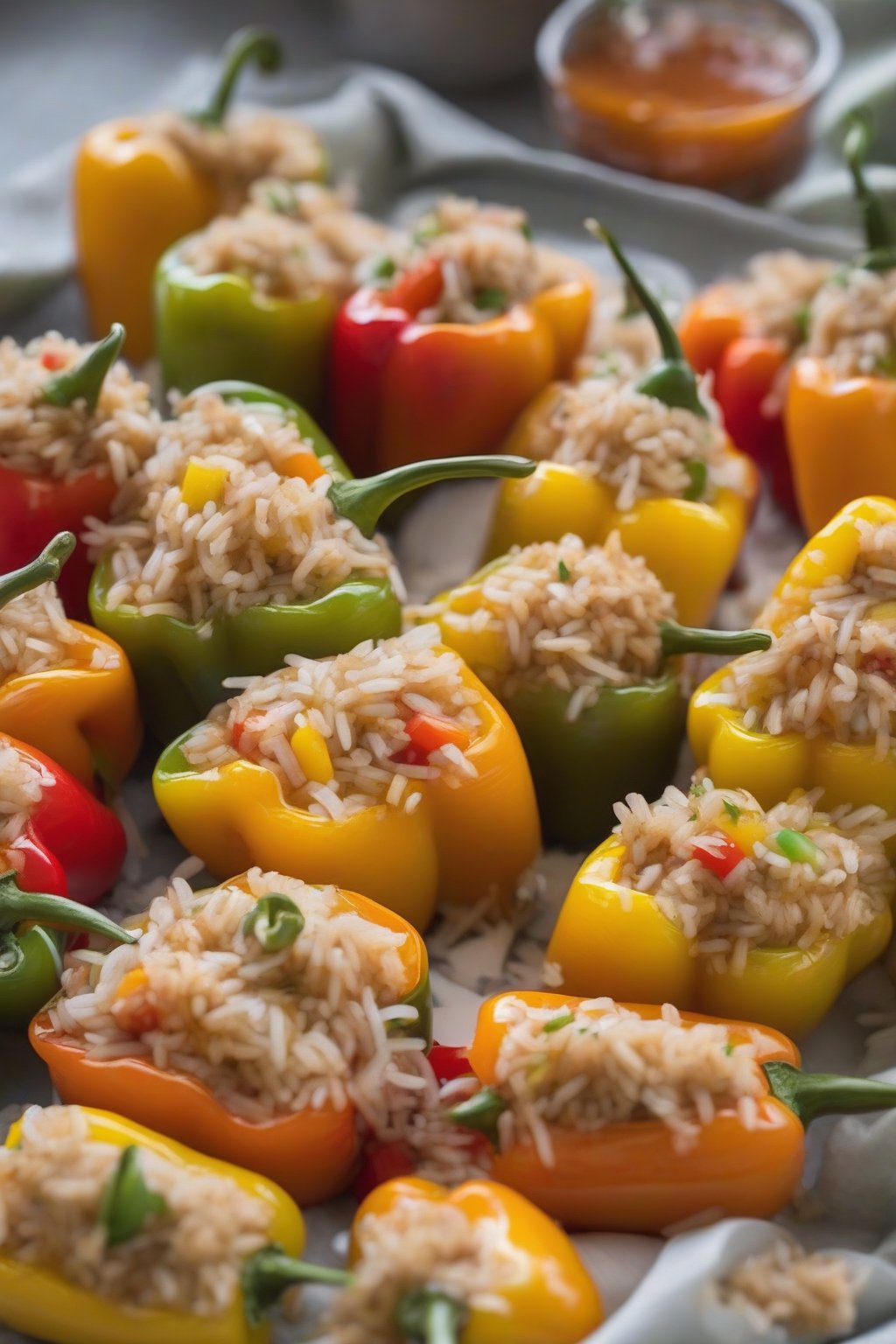 A close-up photo of mini peppers stuffed with pineapple coconut rice, tropical juices glistening, under soft lighting.