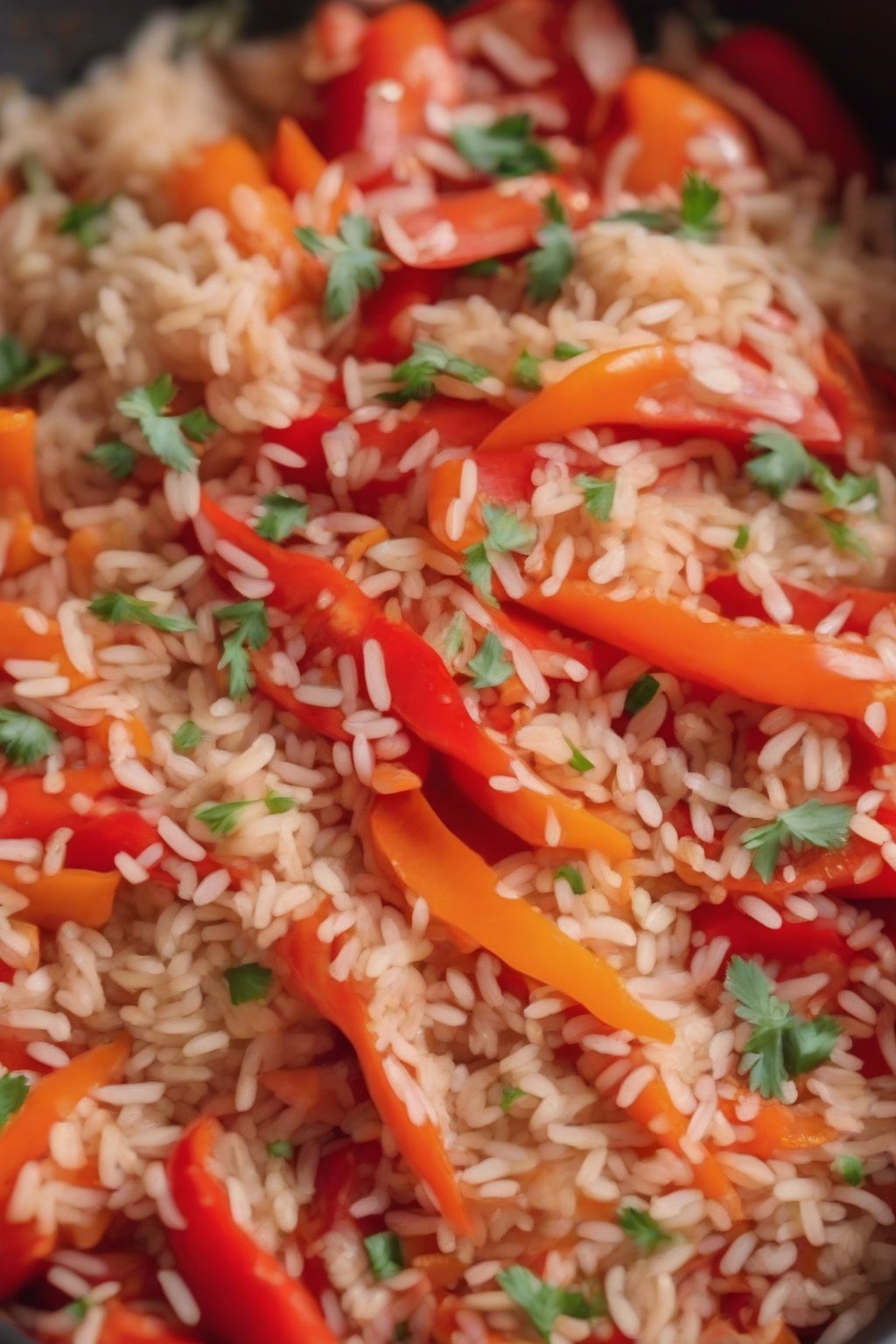 A close-up photo of red peppers brimming with orange carrot ginger rice, under soft lighting.